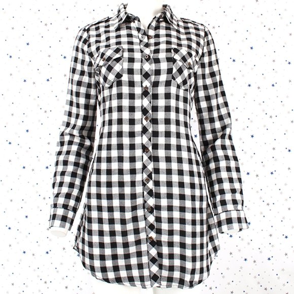 Plaid Shirt Dress with Belt White Black Small - Picture 2 of 8